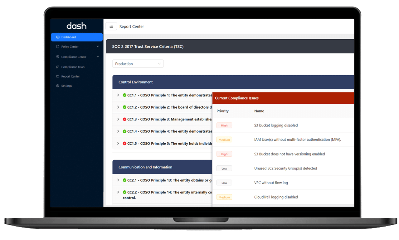 Dash ComplyOps compliance software screenshot